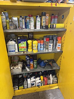 Flammable liquid cabinet often required by fire code.