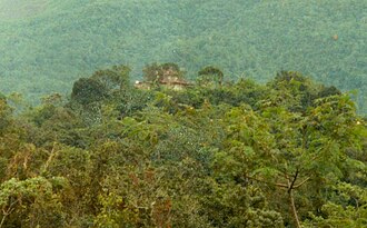 Plawangan vulcanology/observation post in 1985, forested slopes of Mount Merapi at rear