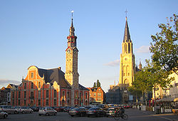 Main Market Square of Sint-Truiden with Town Hall and Church