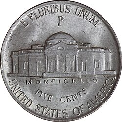 World-War-II-era 5-cent coin (1942-5 identified by mint mark P, D or S above dome) made from a 56% copper-35% silver-9% manganese alloy