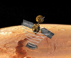 An artist's concept of MRO using SHARAD to "look" under the surface of Mars