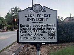 Plaque marking the founding of Wake Forest University originally located in Wake Forest, North Carolina before in moved to Winston-Salem in the 1950s.