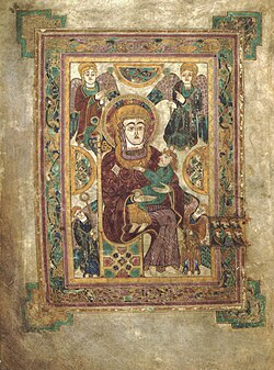 The Book of Kells is the most famous of the volumes in the Trinity College Library. Shown here are the Madonna and Child from Kells (folio 7v).