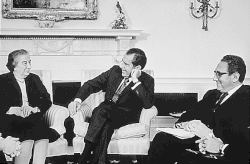 Kissinger sits in the Oval Office with President Nixon and Israeli prime minister Golda Meir, 1973.